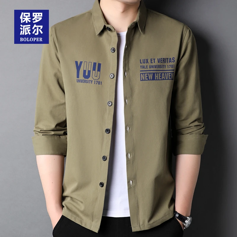 保罗纯棉长袖衬衫男士春秋季新款宽松工装上衣服休闲印花衬衣男潮