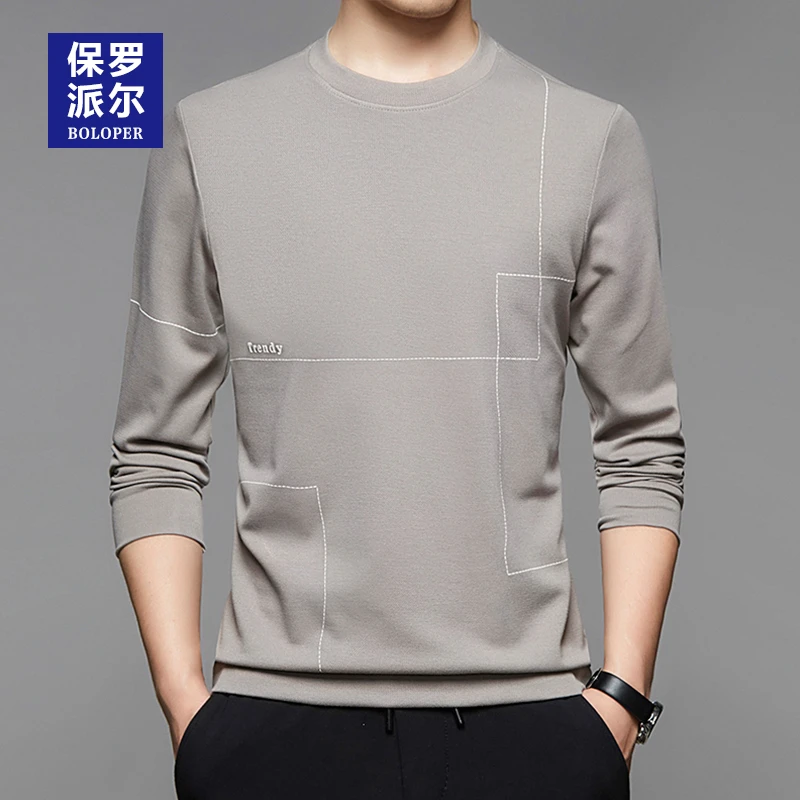 保罗男士长袖t恤春秋冬款卫衣宽松圆低领体恤上衣加绒休闲打底衫