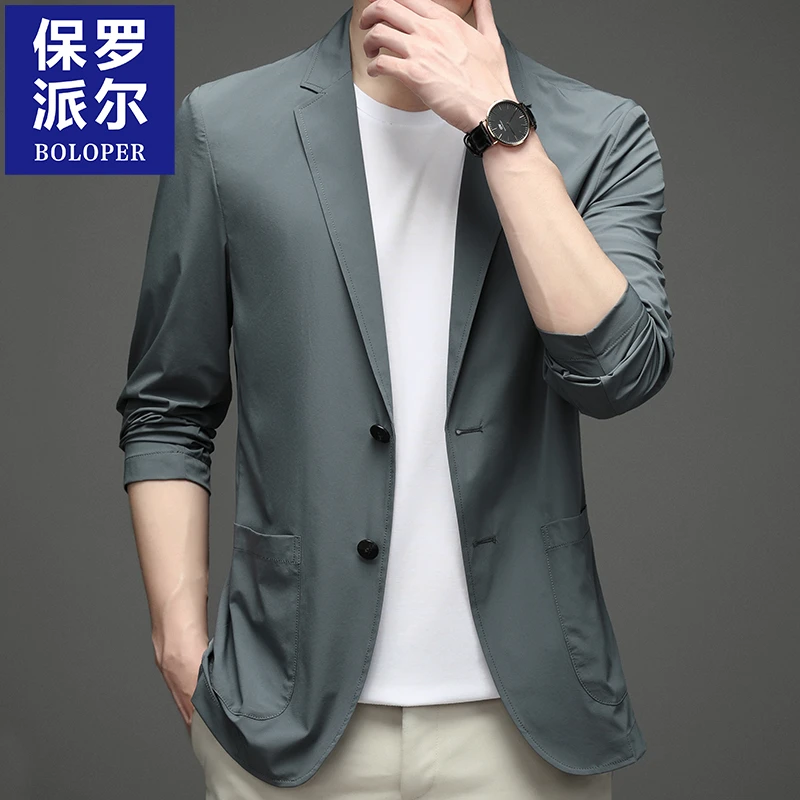 保罗冰丝西服男士春夏季新款休闲超薄西装轻薄单西防晒衣外套男潮