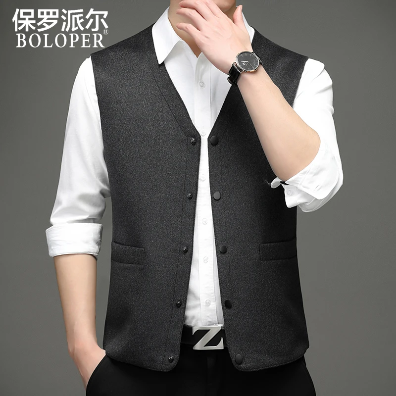 保罗山羊绒马甲秋冬季外穿中年男士双面尼背心宽松保暖坎肩无袖