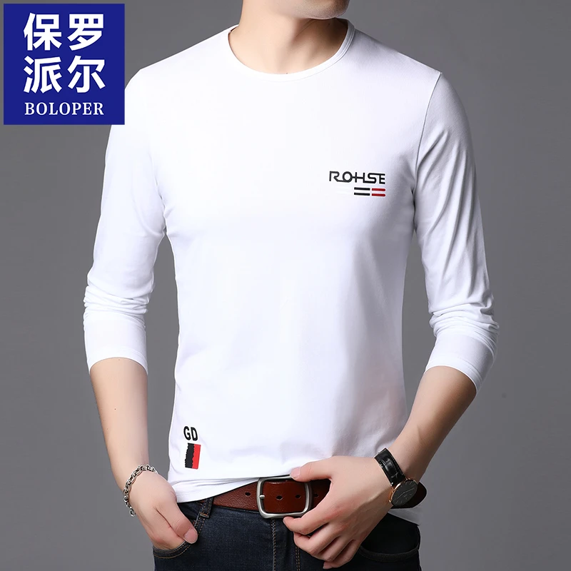 保罗长袖T恤男士春秋季棉质上衣休闲百搭字母印花简约款纯色打底