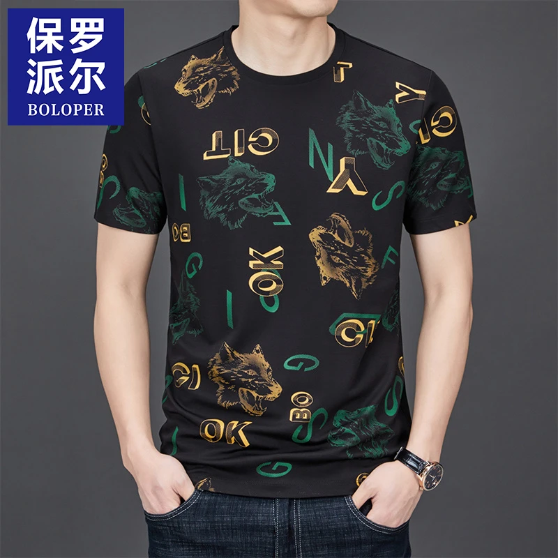 保罗2025新款男士短袖t恤夏季潮流半袖圆领体恤衫休闲印花上衣男