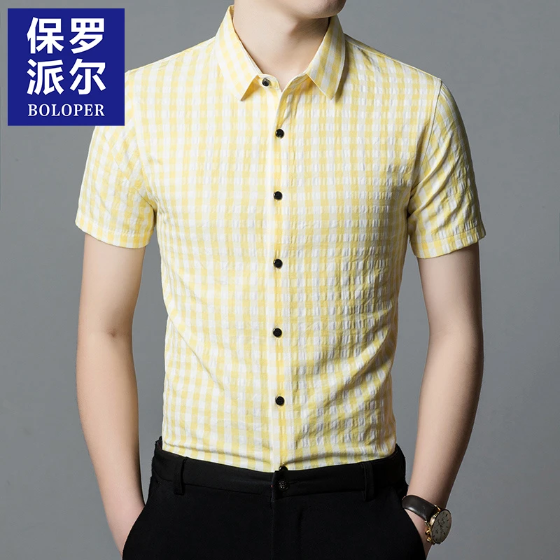 保罗夏季格子短袖衬衫男士潮流新款棉质半袖高端商务衬衣薄款上衣