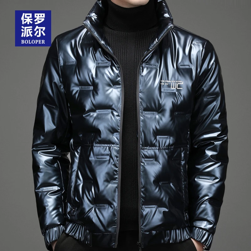 保罗亮面皮羽绒服青年男士轻薄款冬季潮牌免洗冬季装短款立领外套