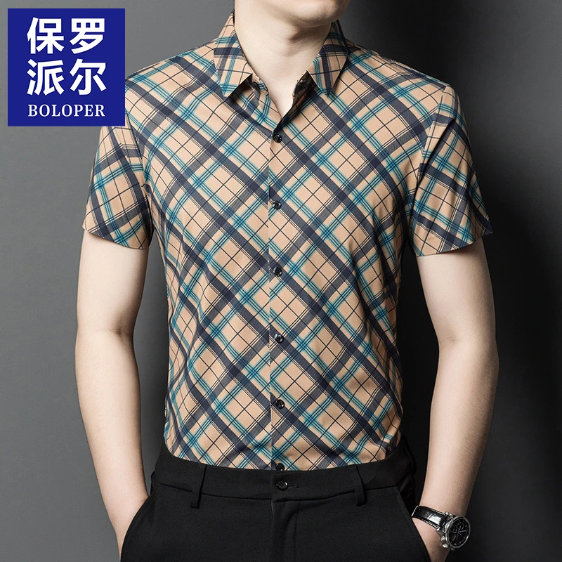 保罗冰丝短袖衬衫男夏季薄款时尚潮流上衣高级感格子半袖休闲衬衣