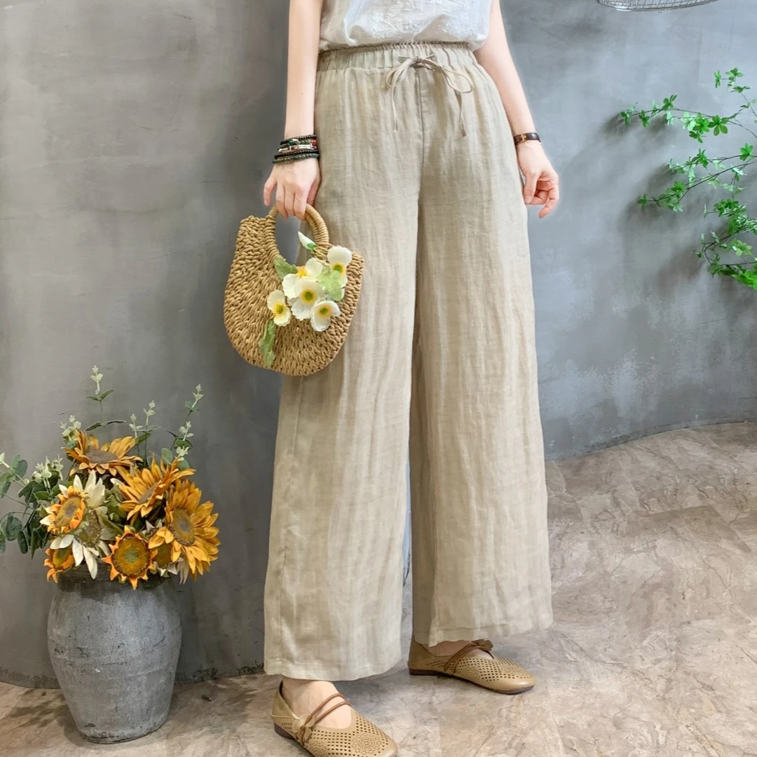 斜纹苎麻绑带直筒裤