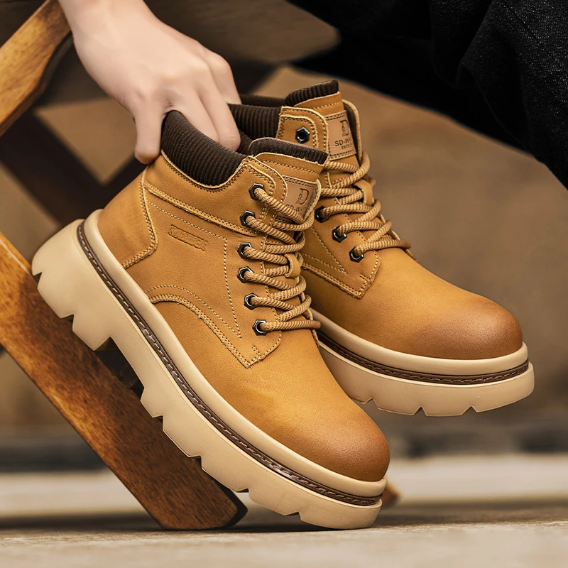 马丁靴男款厚底冬季增高大黄靴踢不烂工装靴子高帮真皮英伦风短靴