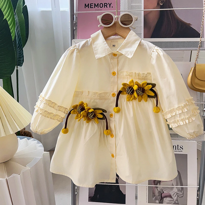 女童衬衫裙春季新款不规则边立体太阳花花边洋气连衣裙