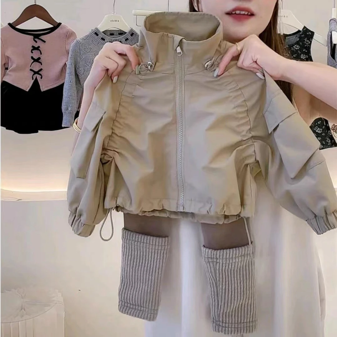 女小童网红春秋季卡其色外套春秋新款女宝宝洋气棕色打底裤两件套