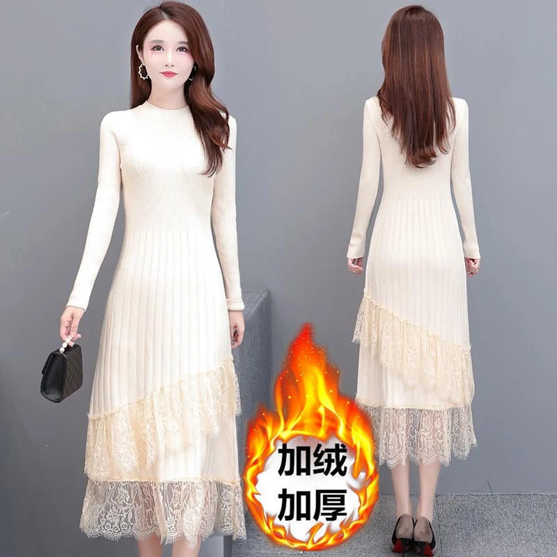 针织毛衣连衣裙女2023秋冬新款蕾丝配大衣的长款内搭过膝打底裙子
