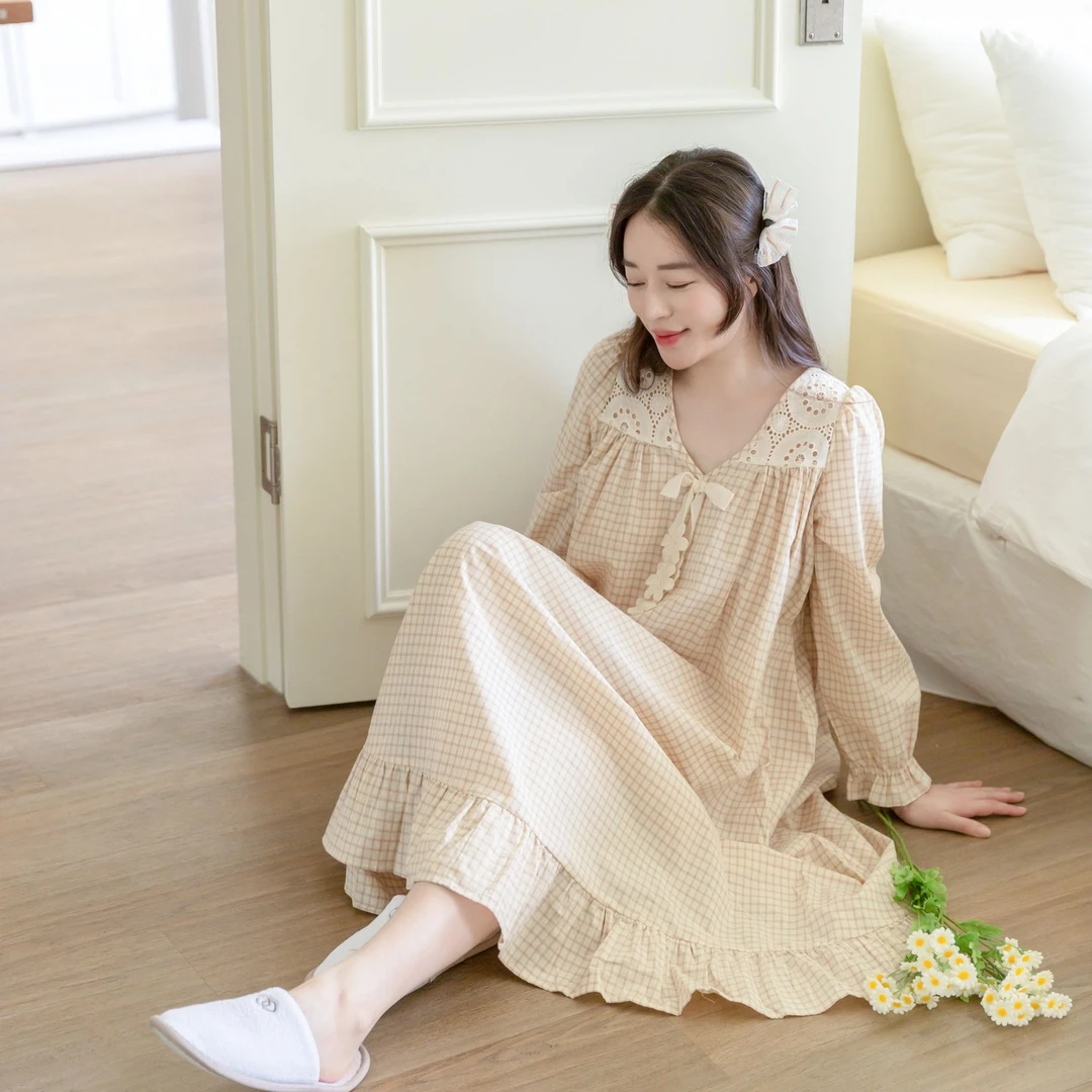 YQ【华夫饼干】秋冬甜美格子长袖家居服睡裙Q2368