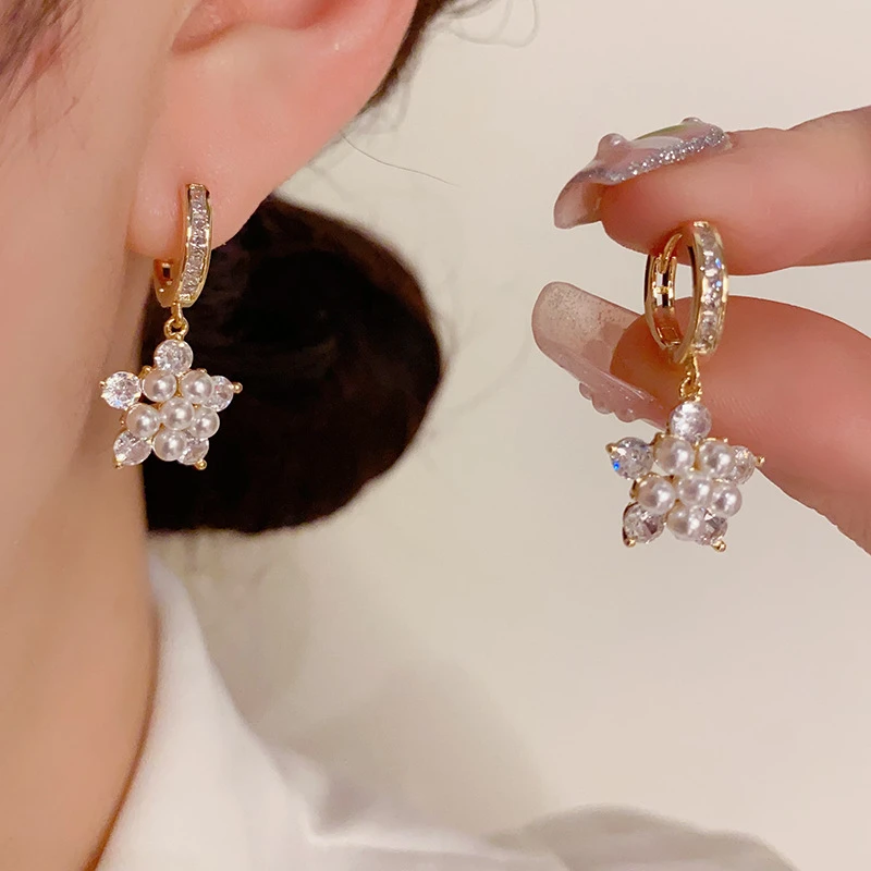 铜合金耳饰 气质高级感甜美米珠花朵耳扣简约小众设计五角星耳环