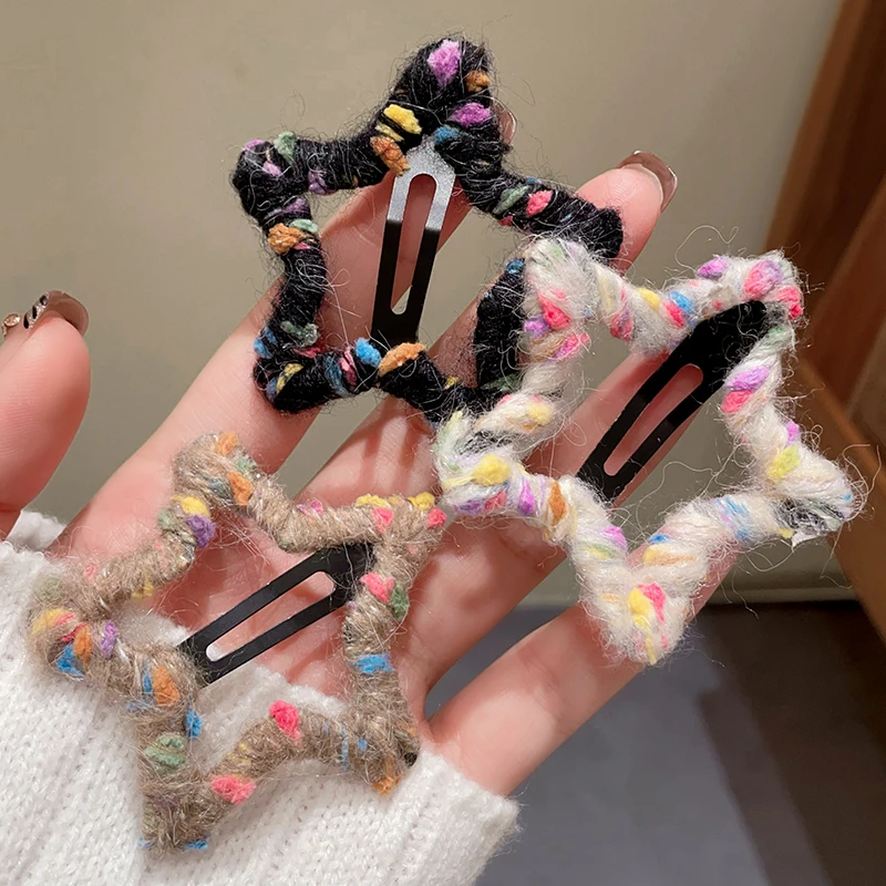 秋冬毛线编织波点星星发夹甜美少女气质bb夹前额侧边刘海夹子头饰