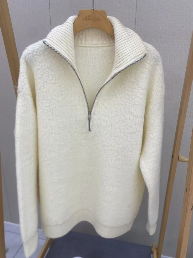 【佰好羊绒】圈圈绒款翻领中长款半拉链衫