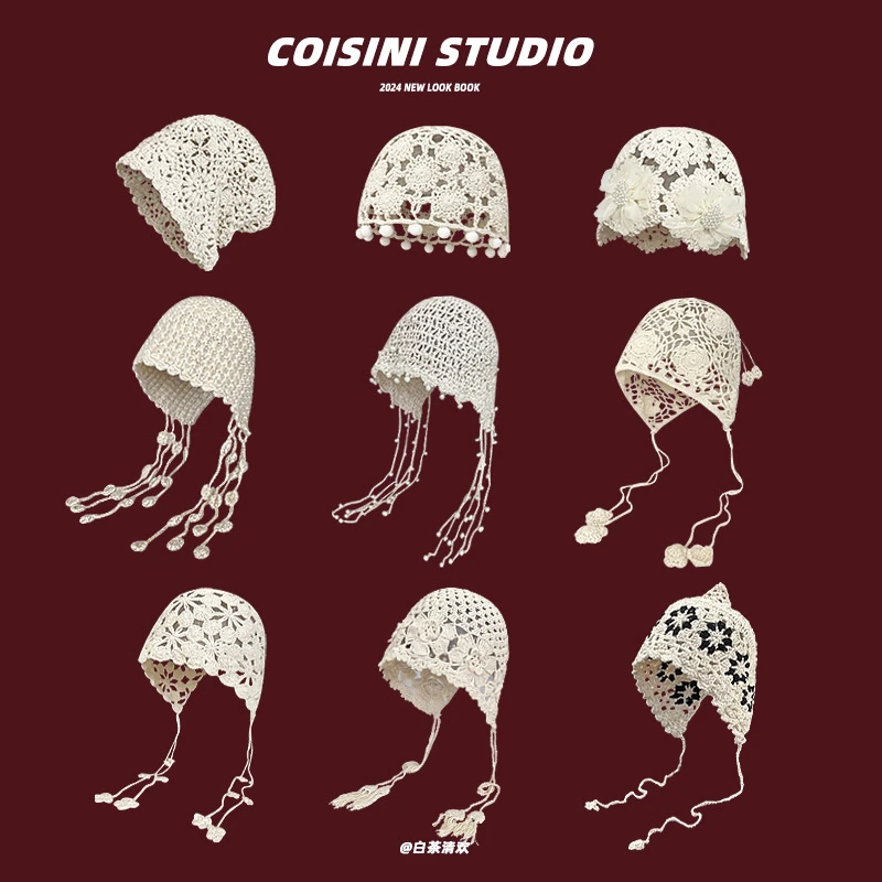 时尚手工编织镂空包头帽女士钩花民族风流苏护耳绑带套头针织帽子