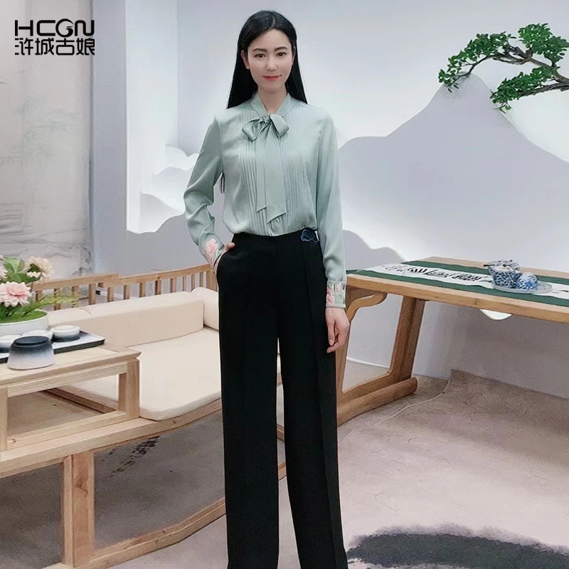 浒城古娘国风中式绣花通勤休闲黑色宽松女士青鸾阔腿裤-19A23519