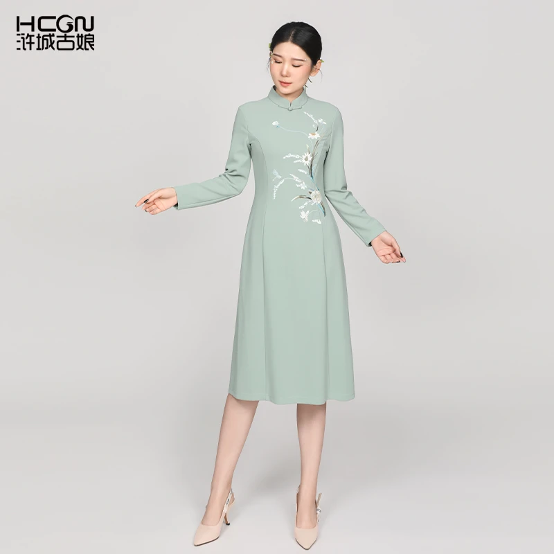 中国风精致刺绣花秋季长袖高定气质显瘦女士风信子连衣裙CMT17793