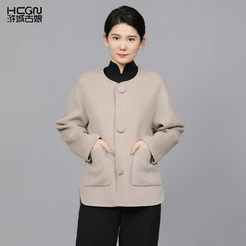 山羊绒绵羊毛中式刺绣花舒适圆领短款瑞鹤祥梅双面呢外套DMT18956