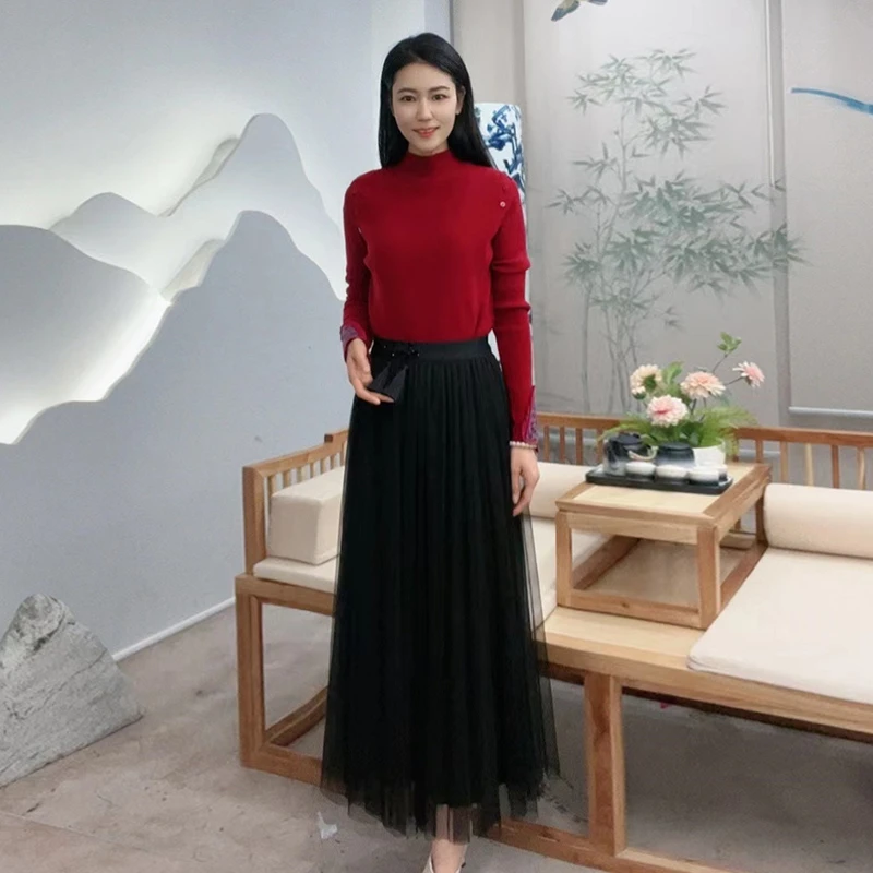 百搭时尚盘扣流苏中长款双面百褶裙半裙-WQ1215268微瑕少一个流苏