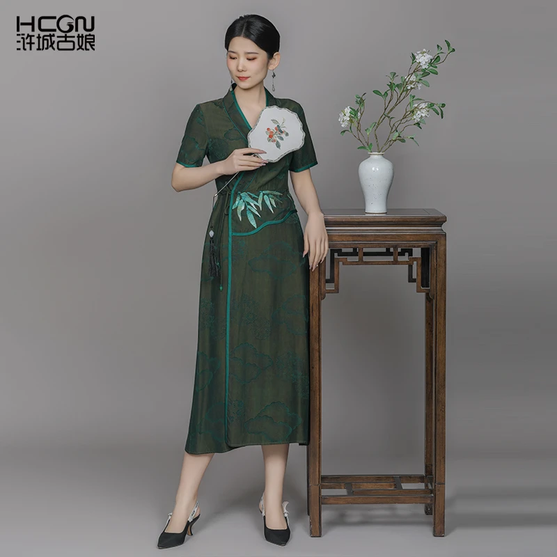 浒城古娘中式国风气质高贵优雅上档次复古玉竹云山连衣裙-21B1182