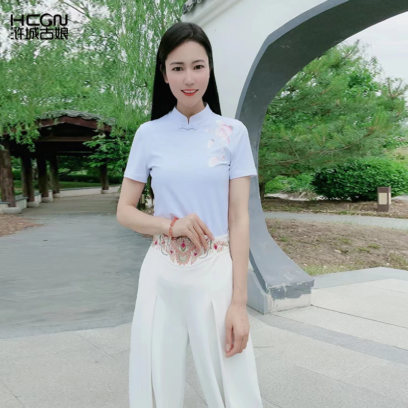 浒城古娘中式国风绣花时尚常规立领刺绣简约幽兰短袖T恤-22B18362