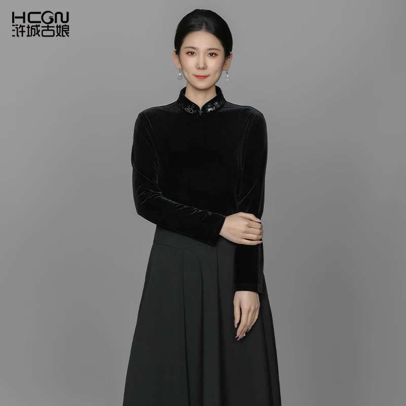 【丝绒】中国风精致刺绣显瘦舒适百搭气质女青黛丝绒上衣ACL181033