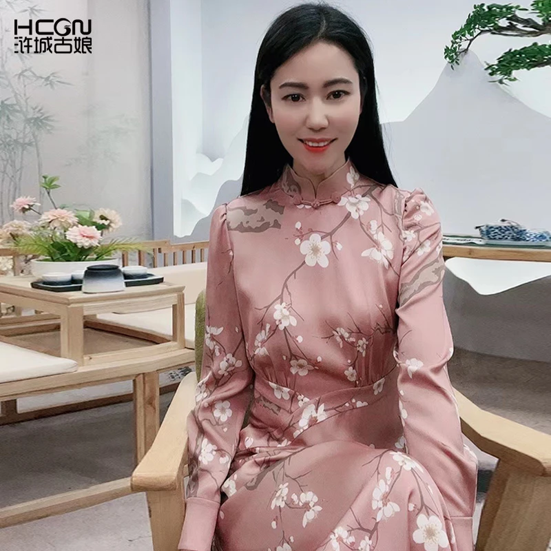 醋酸舒适长袖立领复古印花优雅国风甜美点梅醋酸连衣裙17A23571