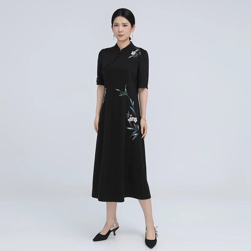 高端轻奢新国风女装黑色裙子眉竹报喜连衣裙高级感显瘦夏BCL17973