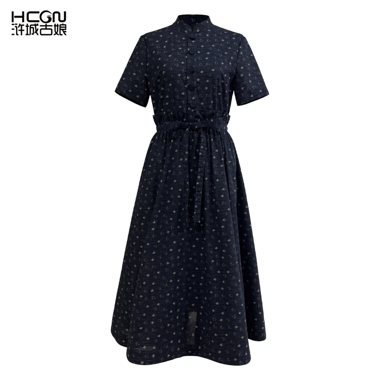 浒城古娘夏季气质收腰显瘦优雅裙子时尚女修身云牧连衣裙BCL17951