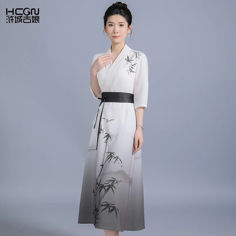 醋酸中式系带宽松竹叶印花显瘦优雅气质君子竹醋酸连衣裙BMT11290