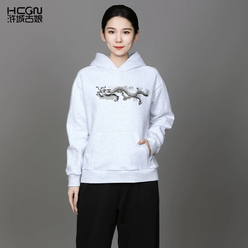 【棉质】中国风连帽舒适百搭精致刺绣减龄宽松女萌龙卫衣ACL181053