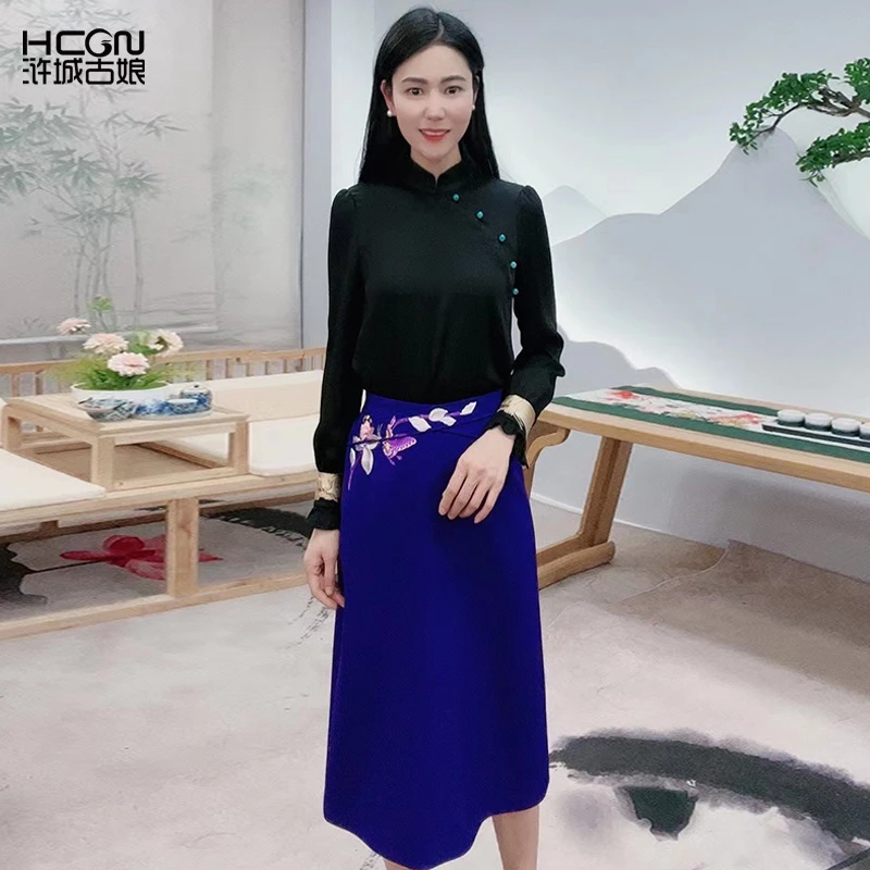 国风复古时尚夏季高级气质优雅休闲精致绣花国风莺华半裙19A23522