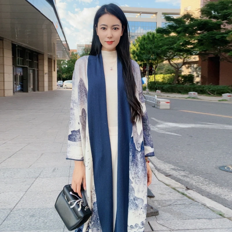 秋冬中长款复古百搭印花蓝色保暖时尚女气质针织开衫-WKS1013129