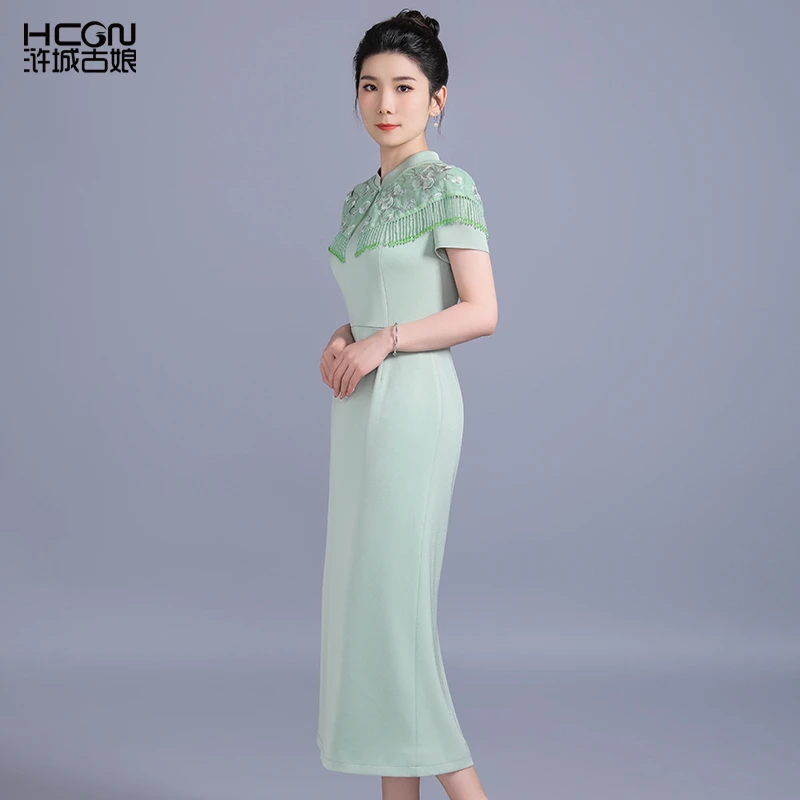 醋酸中式精致刺绣立领短袖流苏女气质优雅凝香流苏连衣裙BMT17715