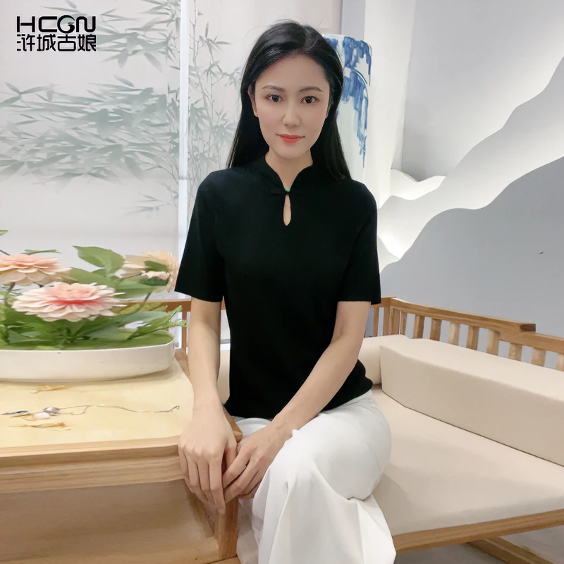 中国风立领简约百搭休闲舒适女纯色针织白色短袖T恤上衣SY032201