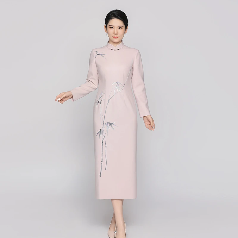秋款中式绵羊毛竹子刺绣花长袖立领气质君子态连衣裙CMT17816