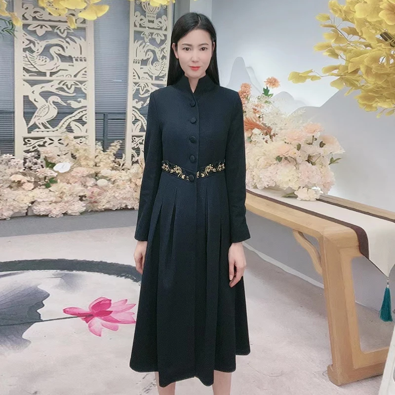 浒城古娘中式国风刺绣高贵气质女上档次昕若衬衫连衣裙-22D17302