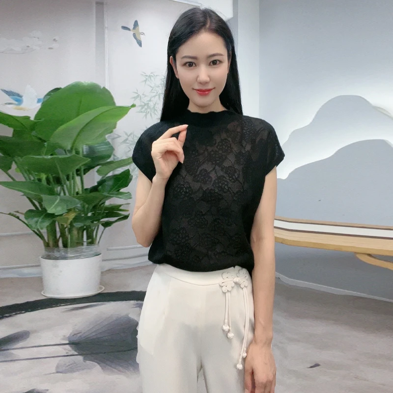 浒城古娘夏季镂空提花蕾丝时尚宽松新半高领中式优雅上衣-BWG8965