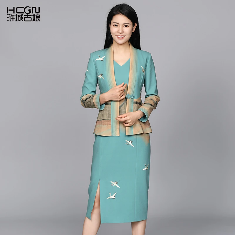 hcgn醋酸中式松鹤刺绣女士舒适女瑞和西服套装18A23695+18A23696