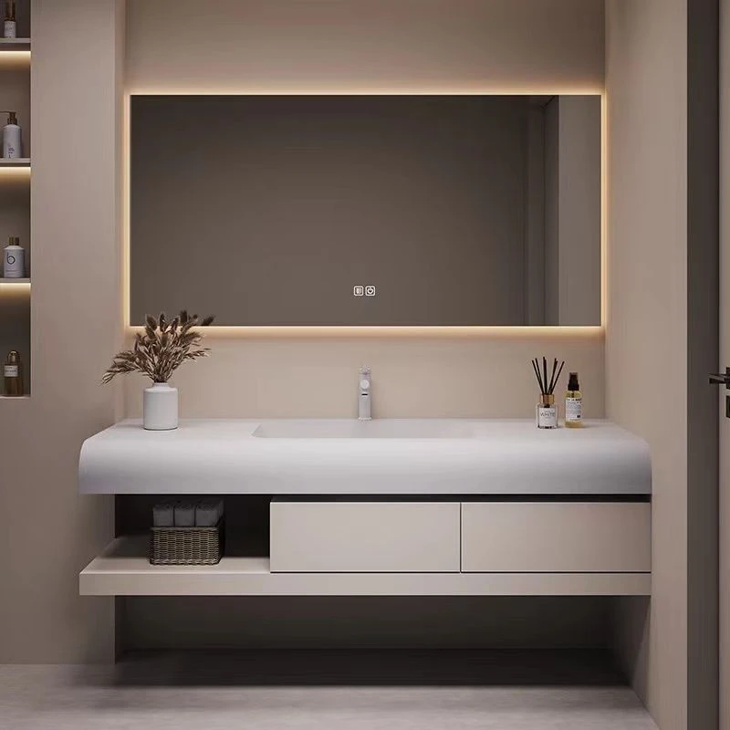 弧形肤感可丽耐一体盆浴室柜组合橡木卫生间盆奶油风洗脸盆无缝盆