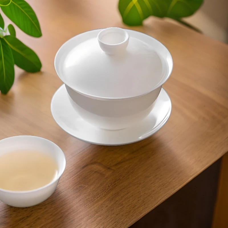 高骨瓷三才盖碗茶杯薄胎功夫茶具潮汕家用元宝超薄泡茶盖碗120cc