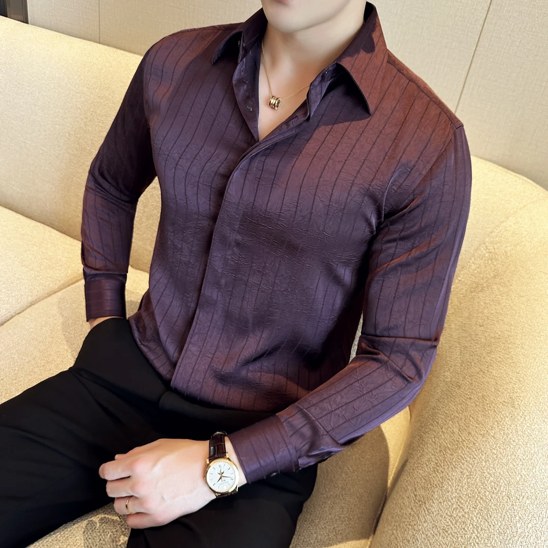 高级感雅痞褶皱大领商务衬衫休闲男士韩版修身长袖暗纹紫色衬衣潮