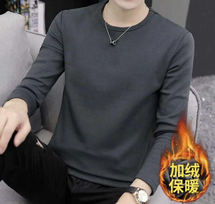 冬季加绒加厚长袖打底衫男士修身纯色圆领体恤厚实保暖内搭上衣男