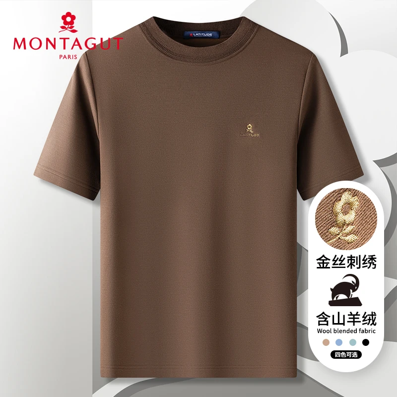 梦特娇秋季新品男短袖毛衣圆领含桑蚕丝羊绒针织衫百搭J302315001