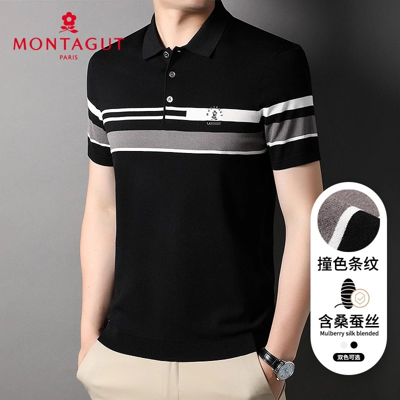 梦特娇夏季男休闲含桑蚕丝条纹薄款翻领绣花短袖polo衫382113182