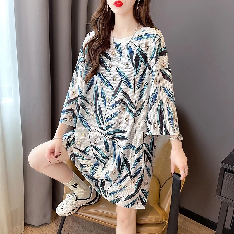 实拍中长款短袖恤女大码网眼连衣裙