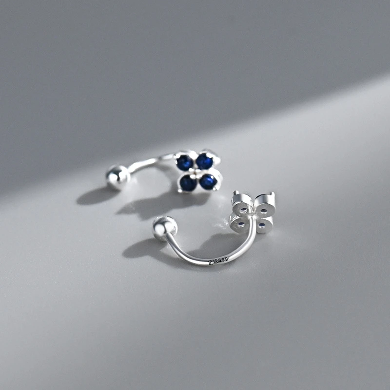 足银合成锆石耳饰 S999足银蓝色锆石U型螺丝轻奢小众设计感耳环