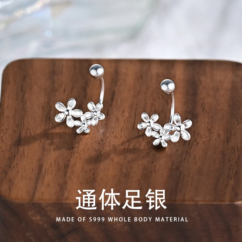 足银耳饰 s999足银气质繁花耳钉女小众设计感U型螺丝轻奢甜养耳环