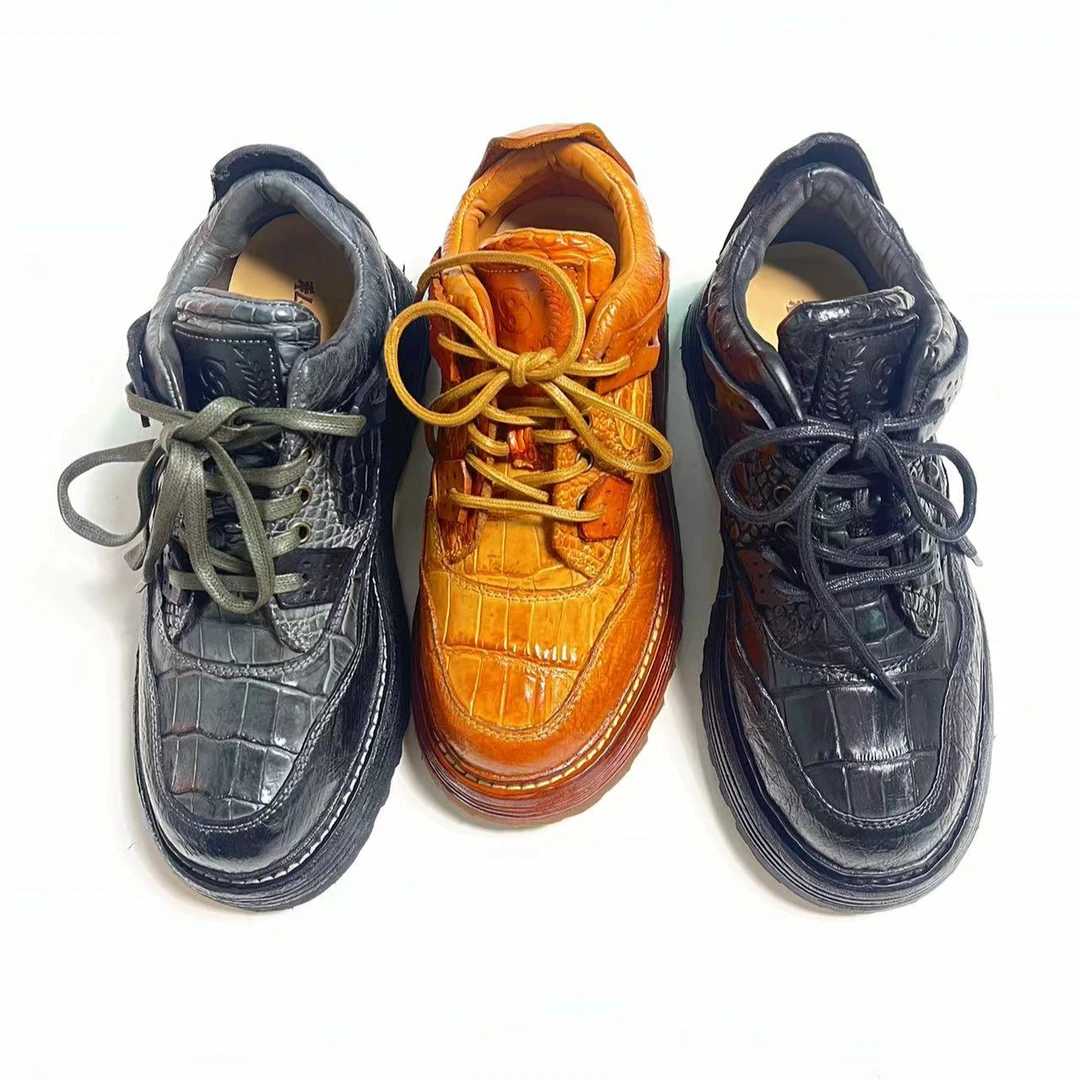 鳄鱼拼接鸵鸟乔四时尚百搭系带休闲男皮鞋