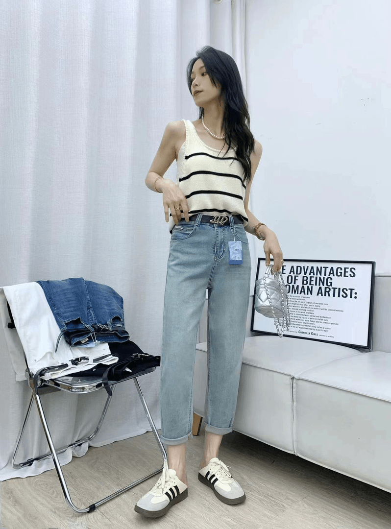 面膜牛仔裤软弹高腰萝卜裤